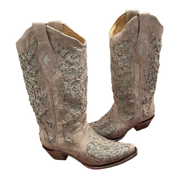 Corral Shoes - Corral Women's Boots A3321 White with Green Glitter Inlay, Size 7  US